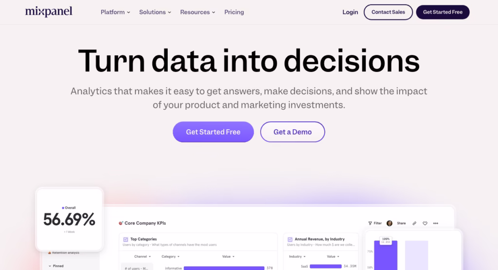 screenshot of mixpanel landing page