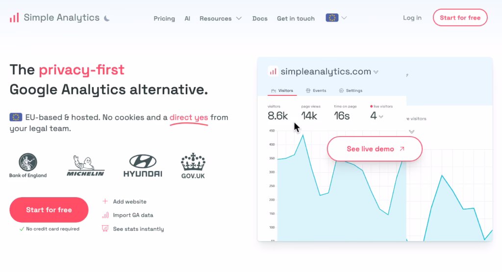 screenshot of simple analytics landing page